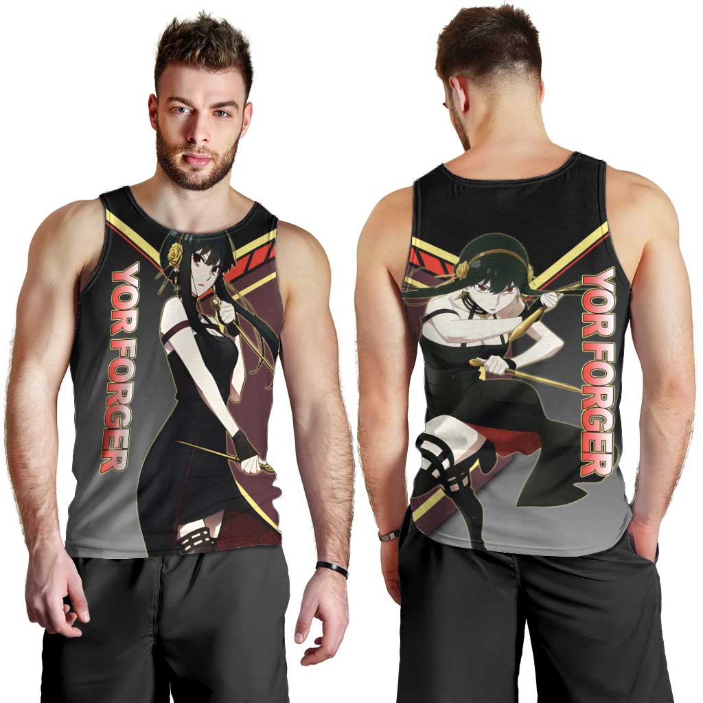 Yor Forger Spy x Family Red and Black Assassin Theme Men Tank Top with Elegant Weapon Pose and Bold Color Accents - The Mazicc