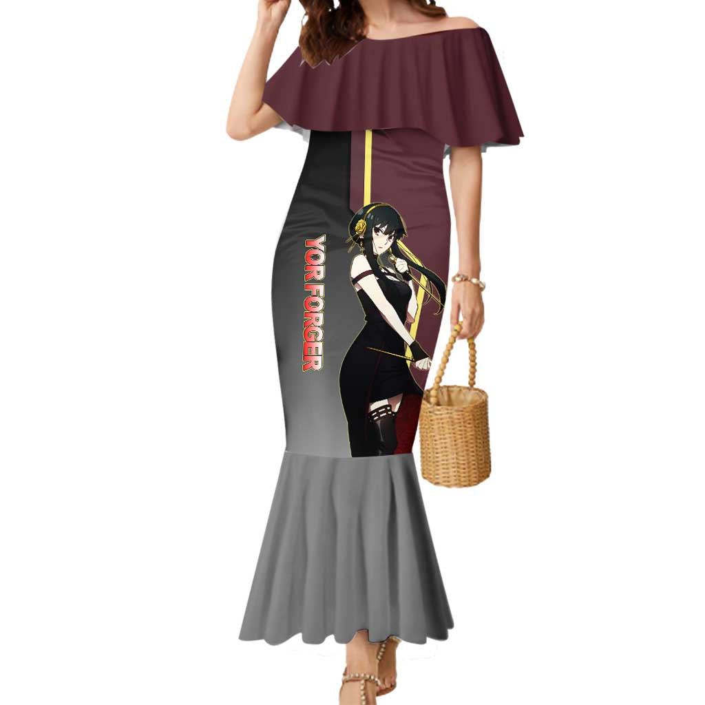 Yor Forger Spy x Family Red and Black Assassin Theme Mermaid Dress with Elegant Weapon Pose and Bold Color Accents - The Mazicc