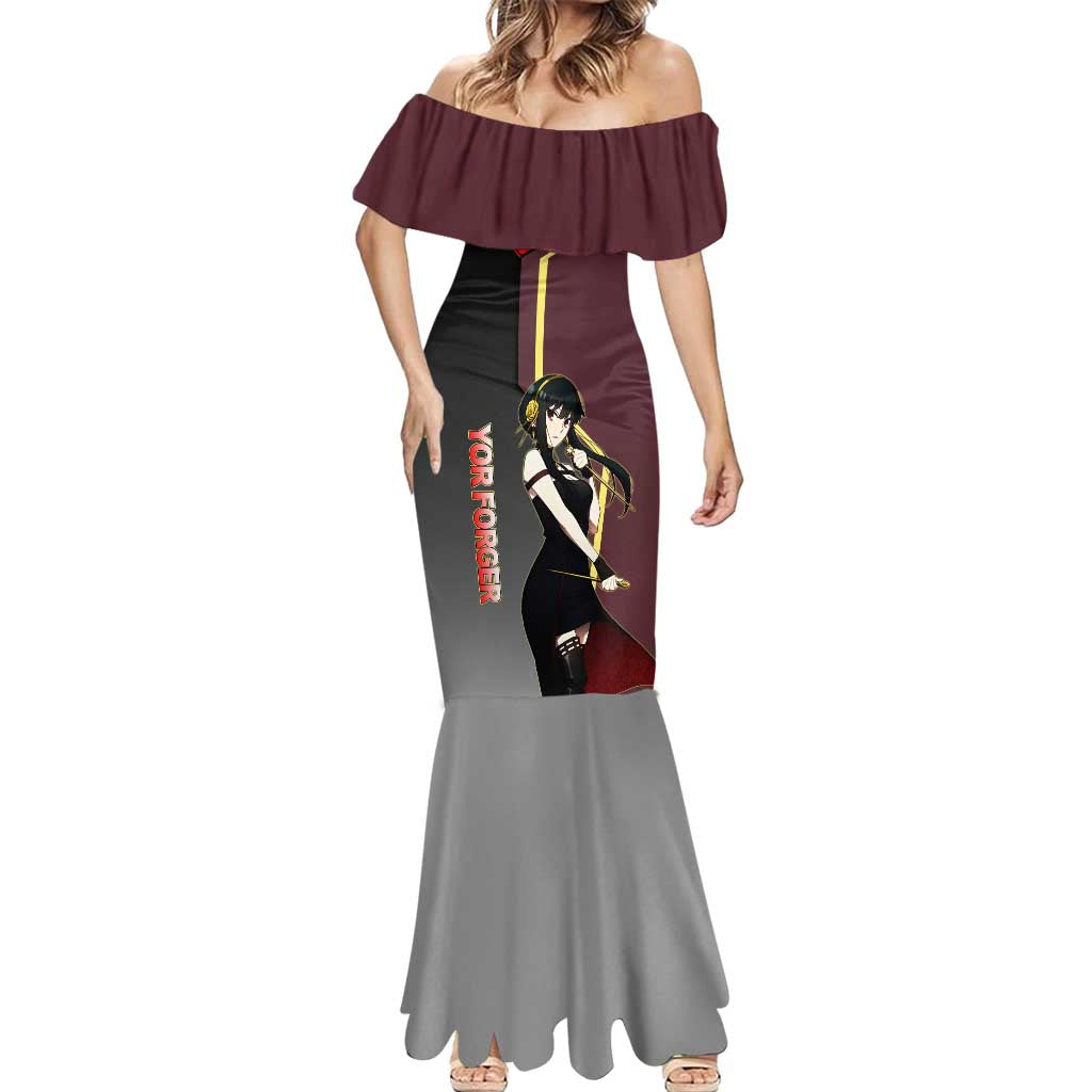 Yor Forger Spy x Family Red and Black Assassin Theme Mermaid Dress with Elegant Weapon Pose and Bold Color Accents - The Mazicc