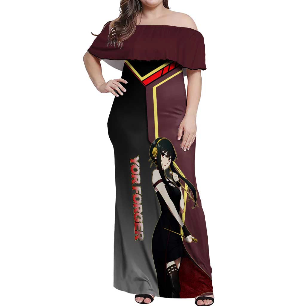 Yor Forger Spy x Family Red and Black Assassin Theme Off Shoulder Maxi Dress with Elegant Weapon Pose and Bold Color Accents - The Mazicc