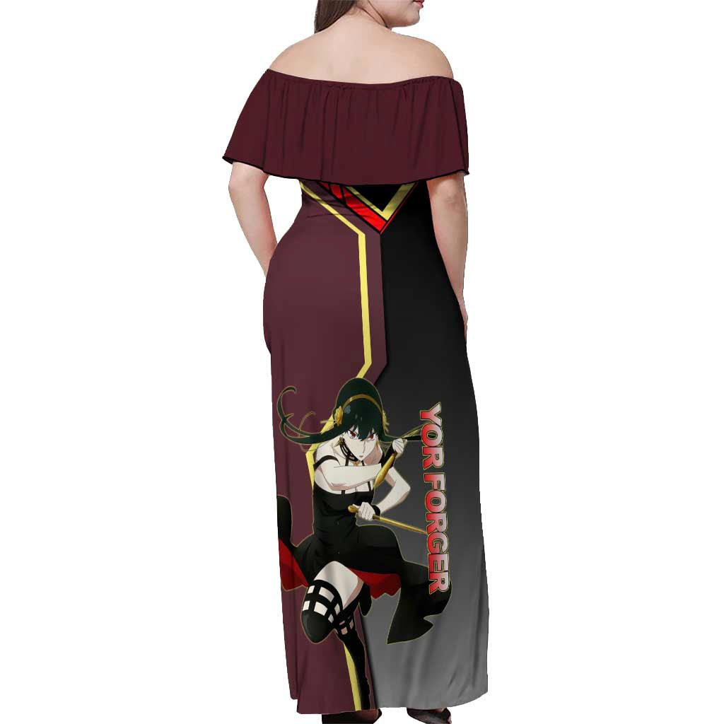 Yor Forger Spy x Family Red and Black Assassin Theme Off Shoulder Maxi Dress with Elegant Weapon Pose and Bold Color Accents - The Mazicc