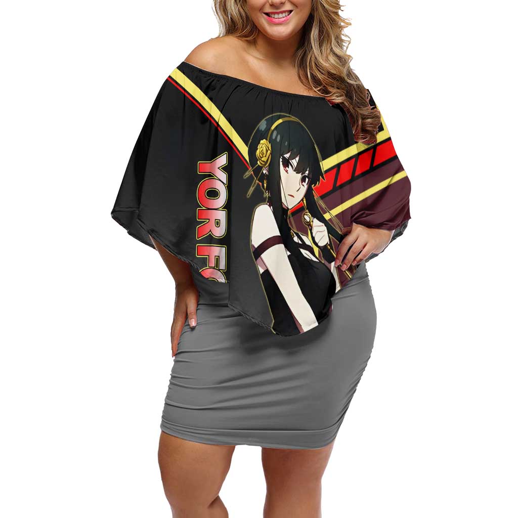 Yor Forger Spy x Family Red and Black Assassin Theme Off Shoulder Short Dress with Elegant Weapon Pose and Bold Color Accents - The Mazicc