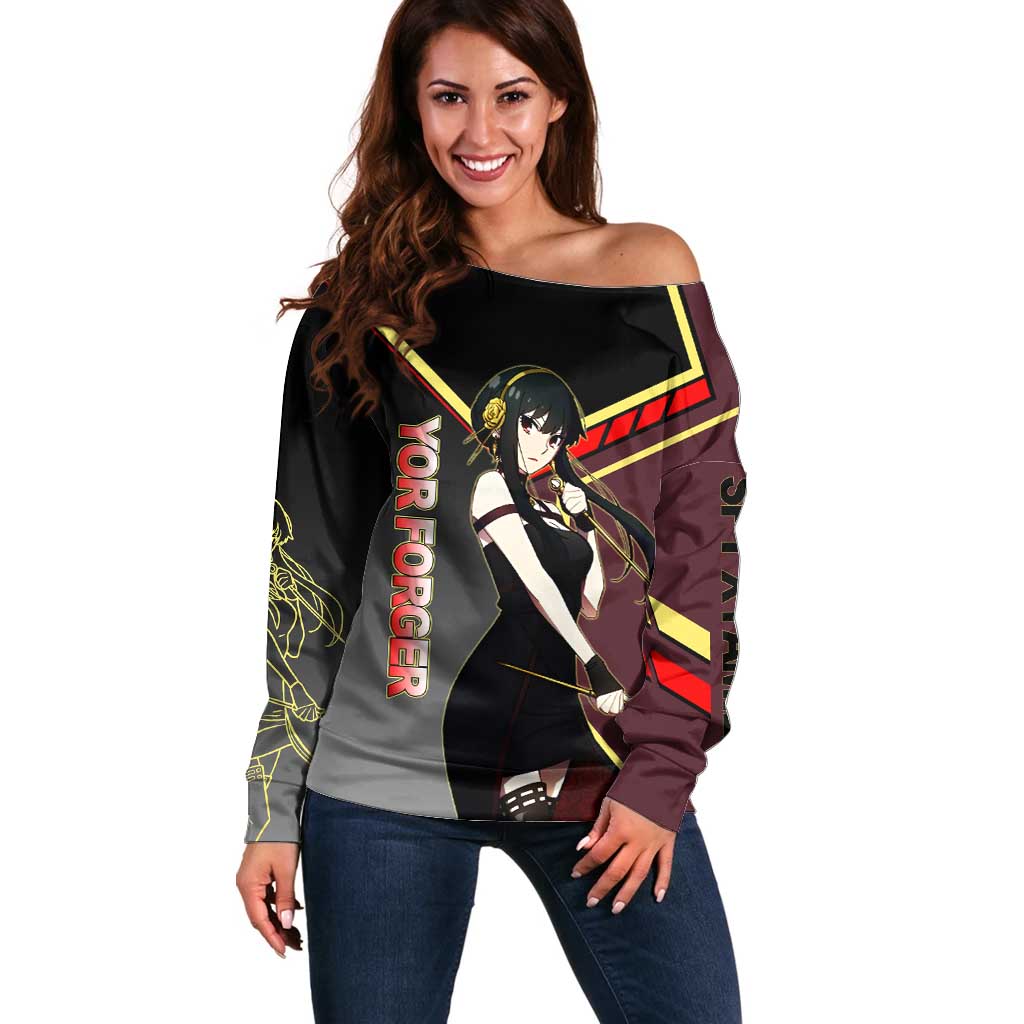 Yor Forger Spy x Family Red and Black Assassin Theme Off Shoulder Sweater with Elegant Weapon Pose and Bold Color Accents - The Mazicc