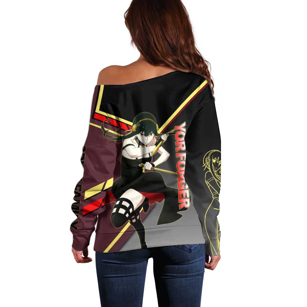 Yor Forger Spy x Family Red and Black Assassin Theme Off Shoulder Sweater with Elegant Weapon Pose and Bold Color Accents - The Mazicc