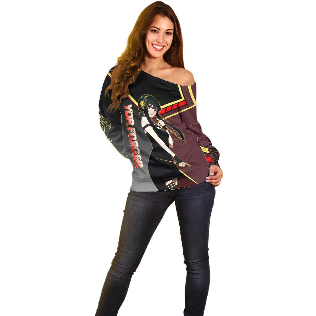 Yor Forger Spy x Family Red and Black Assassin Theme Off Shoulder Sweater with Elegant Weapon Pose and Bold Color Accents - The Mazicc