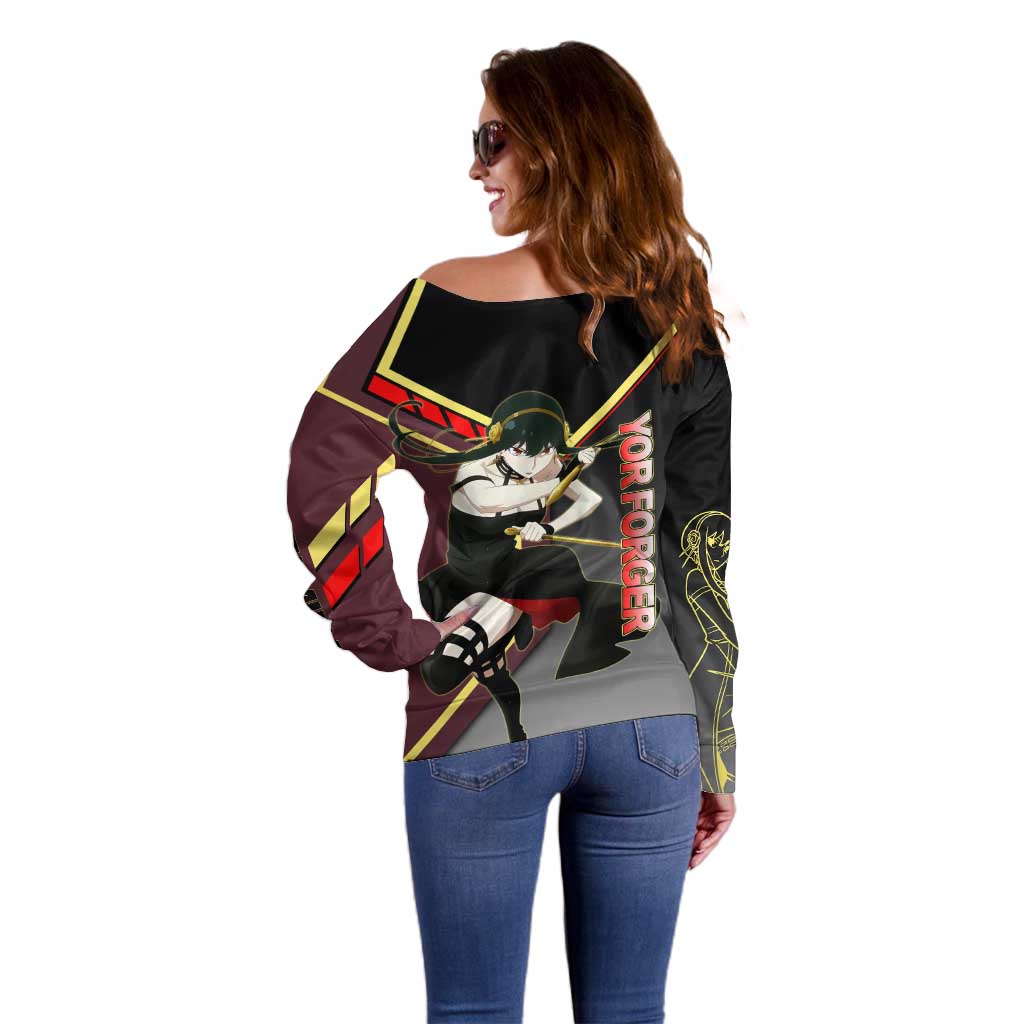 Yor Forger Spy x Family Red and Black Assassin Theme Off Shoulder Sweater with Elegant Weapon Pose and Bold Color Accents - The Mazicc
