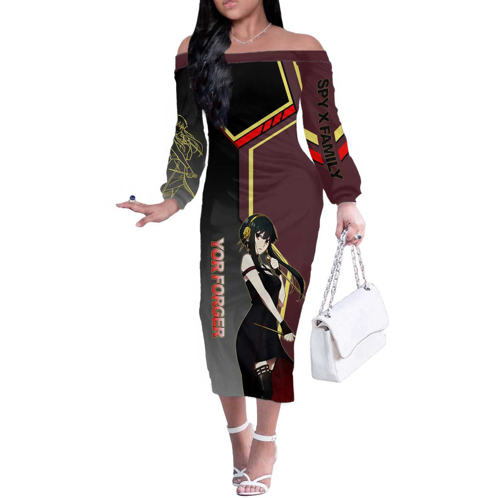 Yor Forger Spy x Family Red and Black Assassin Theme Off The Shoulder Long Sleeve Dress with Elegant Weapon Pose and Bold Color Accents - The Mazicc