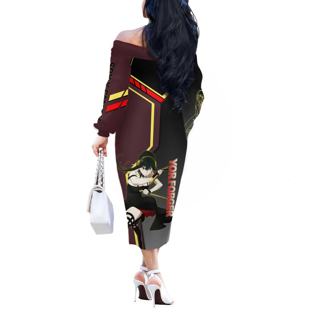 Yor Forger Spy x Family Red and Black Assassin Theme Off The Shoulder Long Sleeve Dress with Elegant Weapon Pose and Bold Color Accents - The Mazicc