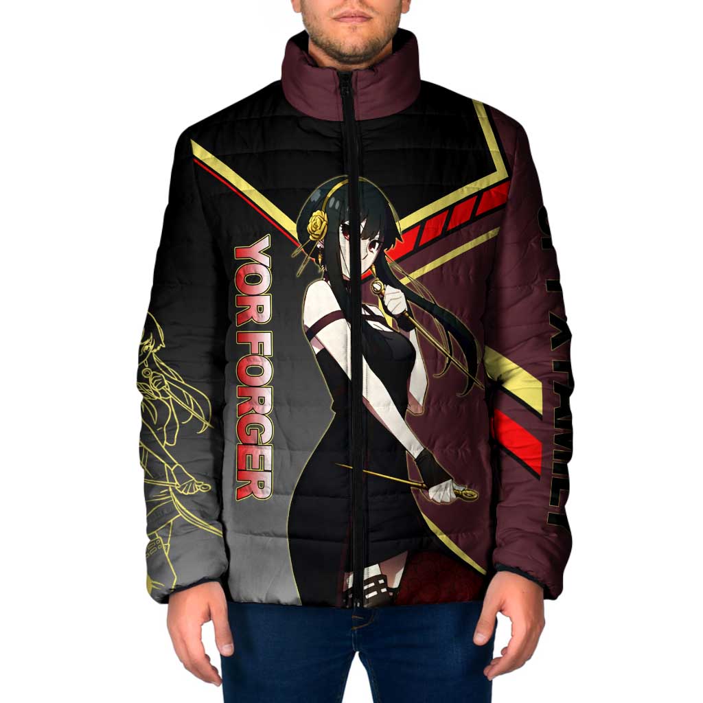 Yor Forger Spy x Family Red and Black Assassin Theme Padded Jacket with Elegant Weapon Pose and Bold Color Accents - The Mazicc