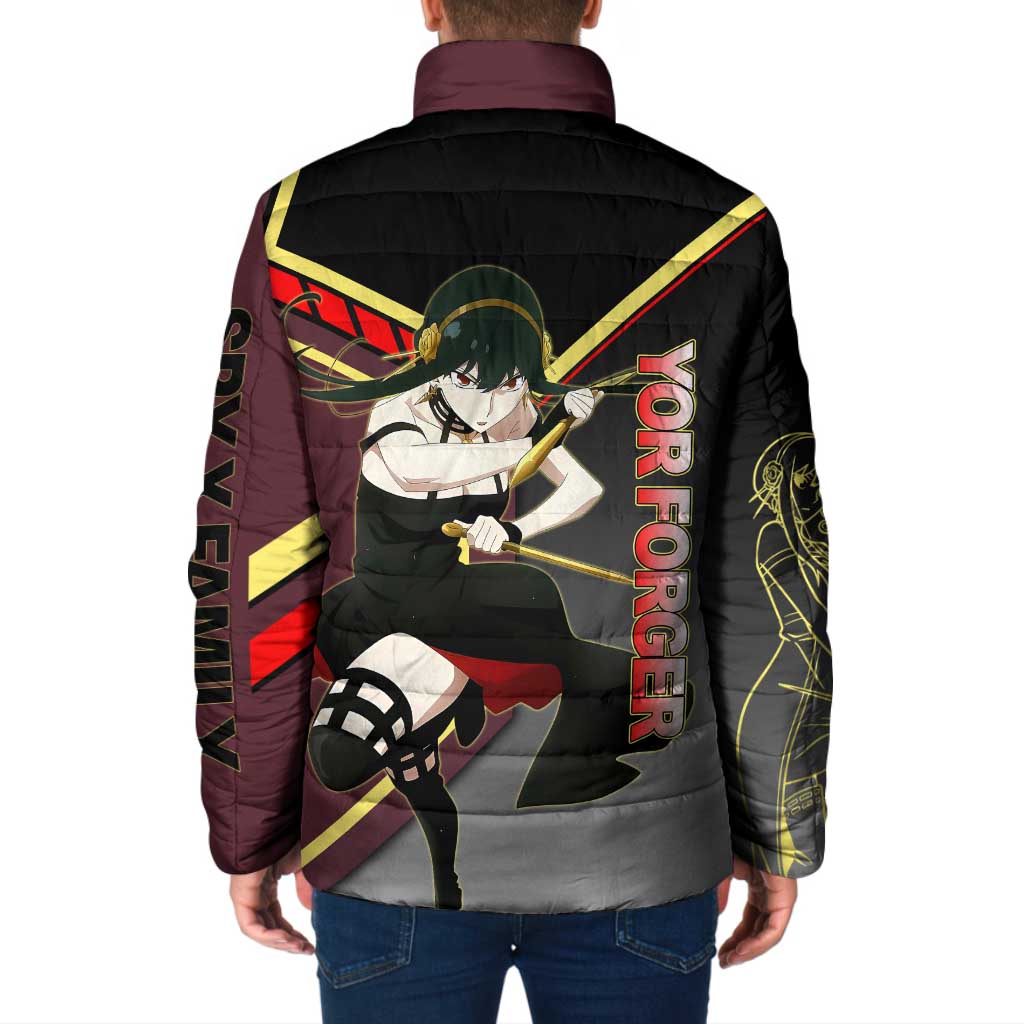 Yor Forger Spy x Family Red and Black Assassin Theme Padded Jacket with Elegant Weapon Pose and Bold Color Accents - The Mazicc