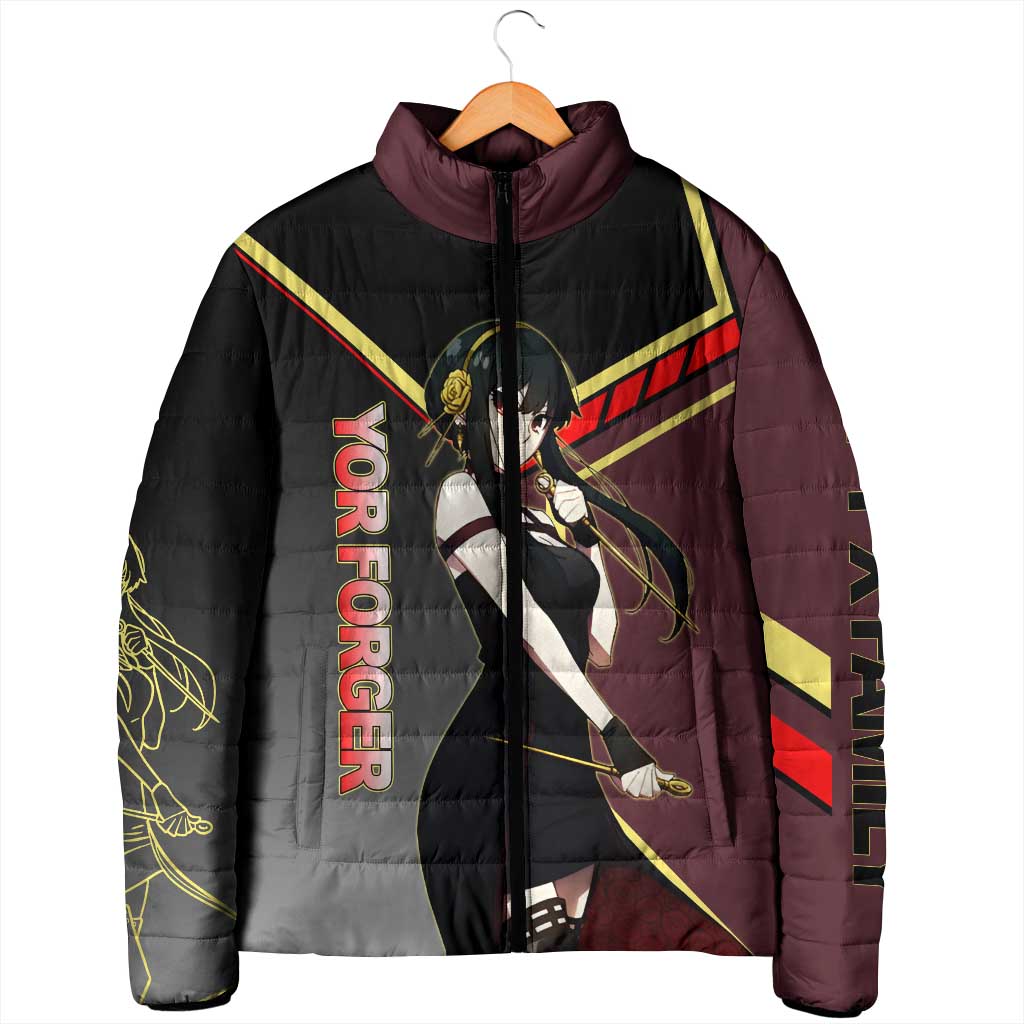 Yor Forger Spy x Family Red and Black Assassin Theme Padded Jacket with Elegant Weapon Pose and Bold Color Accents - The Mazicc