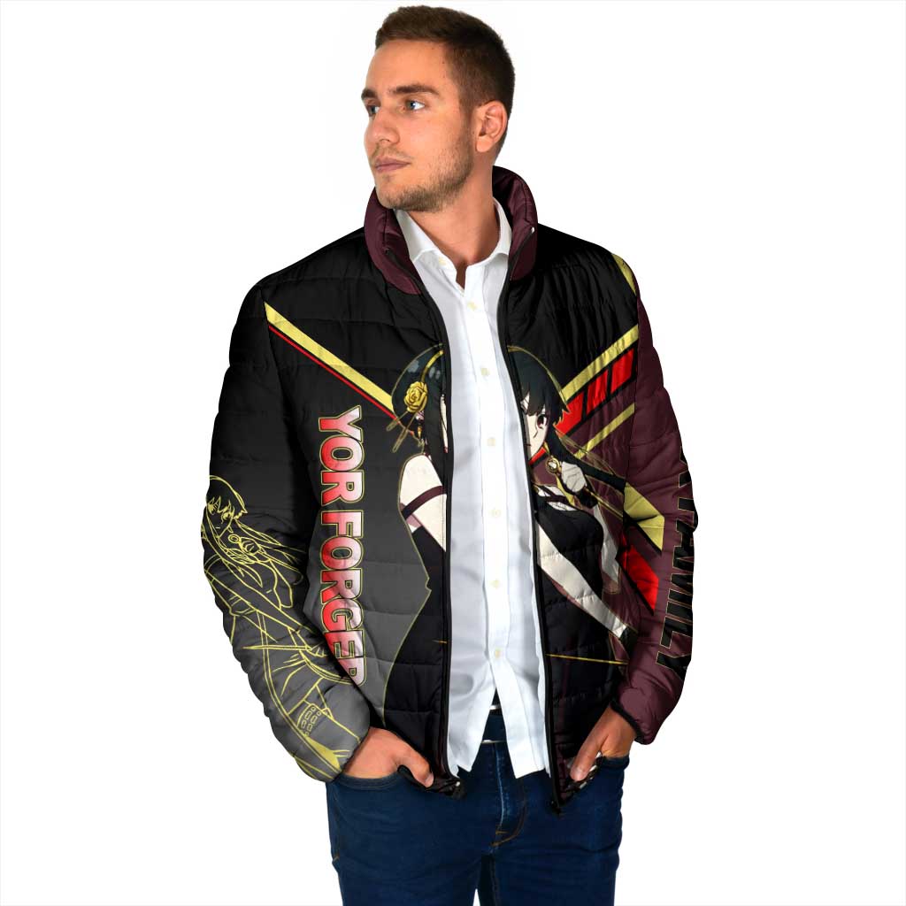 Yor Forger Spy x Family Red and Black Assassin Theme Padded Jacket with Elegant Weapon Pose and Bold Color Accents - The Mazicc