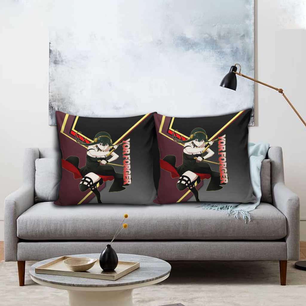 Yor Forger Spy x Family Red and Black Assassin Theme Pillow Cover with Elegant Weapon Pose and Bold Color Accents - The Mazicc