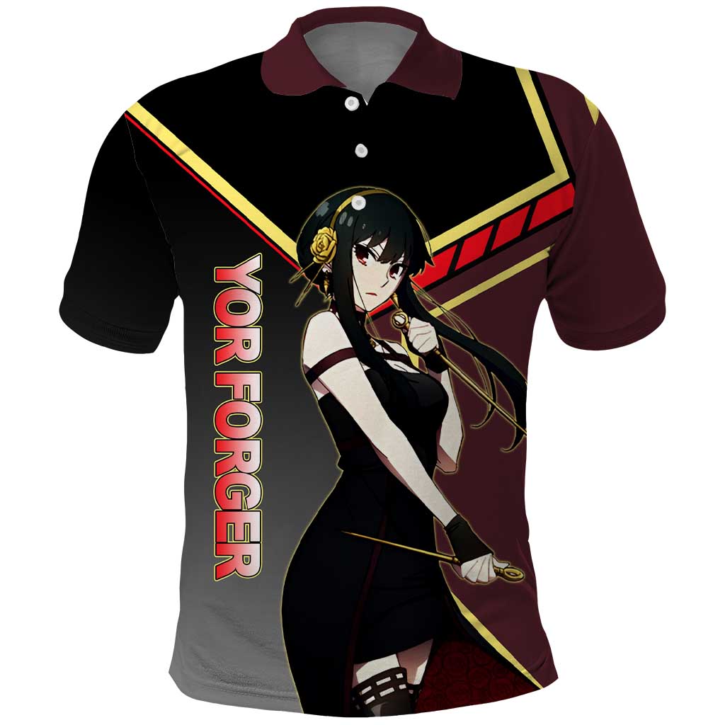 Yor Forger Spy x Family Red and Black Assassin Theme Polo Shirt with Elegant Weapon Pose and Bold Color Accents - The Mazicc