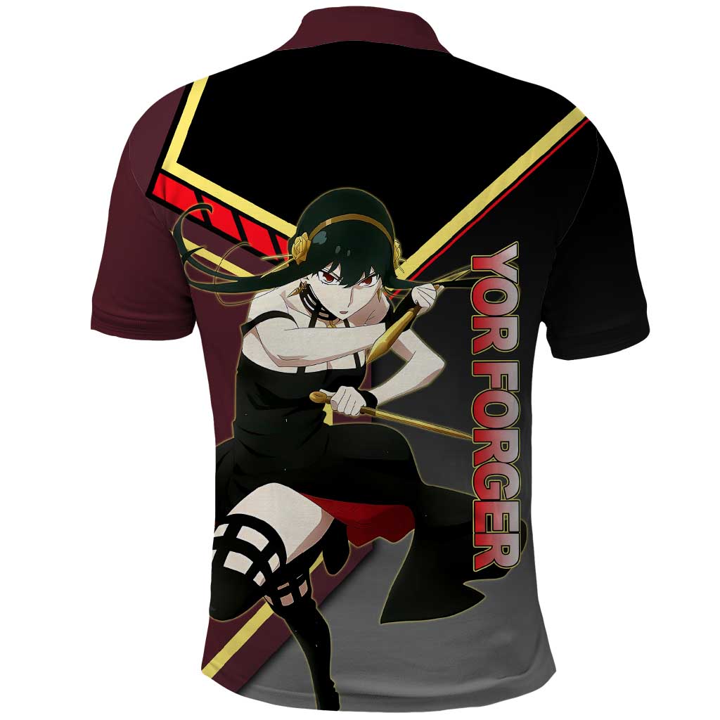Yor Forger Spy x Family Red and Black Assassin Theme Polo Shirt with Elegant Weapon Pose and Bold Color Accents - The Mazicc