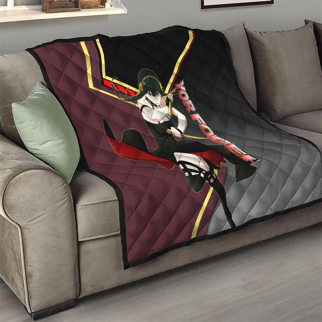 Yor Forger Spy x Family Red and Black Assassin Theme Quilt with Elegant Weapon Pose and Bold Color Accents - The Mazicc