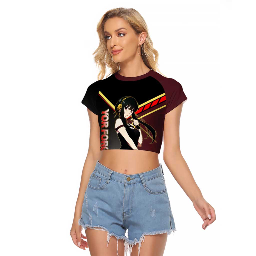 Yor Forger Spy x Family Red and Black Assassin Theme Raglan Cropped T Shirt with Elegant Weapon Pose and Bold Color Accents - The Mazicc