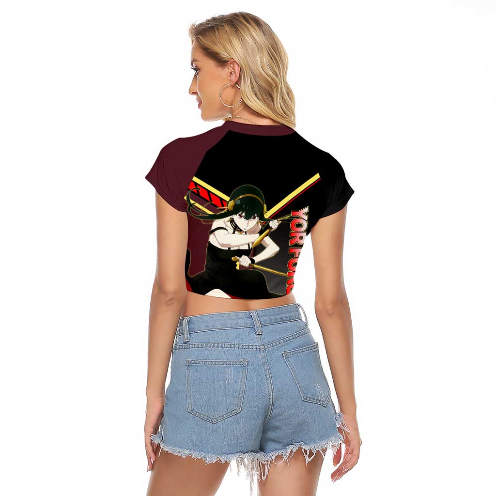 Yor Forger Spy x Family Red and Black Assassin Theme Raglan Cropped T Shirt with Elegant Weapon Pose and Bold Color Accents - The Mazicc