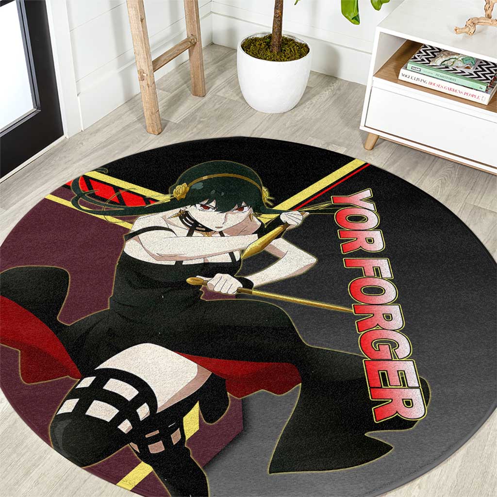 Yor Forger Spy x Family Red and Black Assassin Theme Round Carpet with Elegant Weapon Pose and Bold Color Accents - The Mazicc
