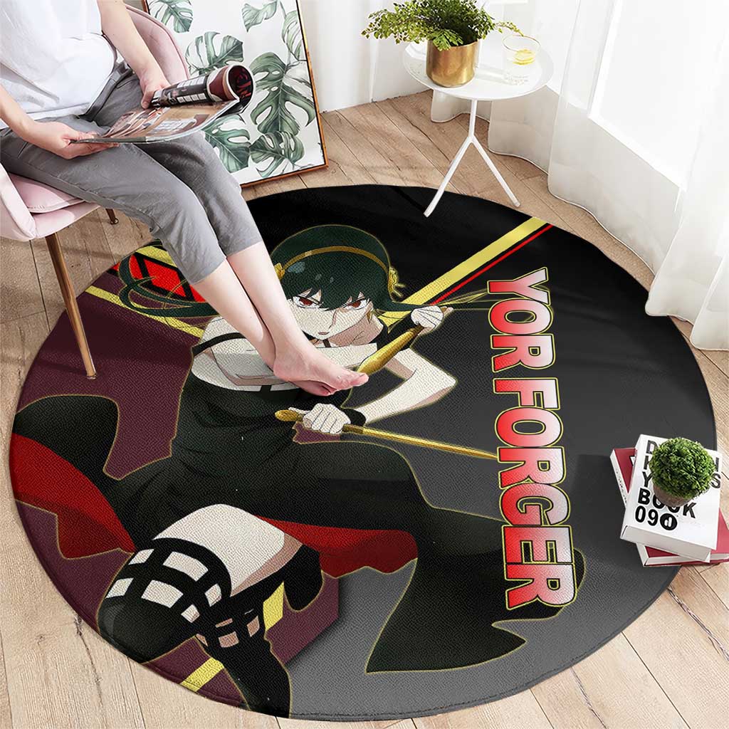 Yor Forger Spy x Family Red and Black Assassin Theme Round Carpet with Elegant Weapon Pose and Bold Color Accents - The Mazicc