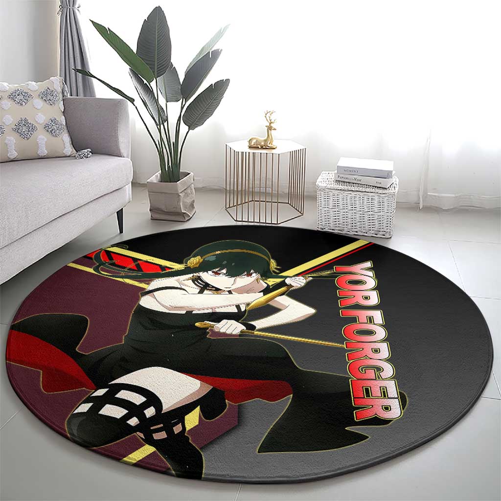 Yor Forger Spy x Family Red and Black Assassin Theme Round Carpet with Elegant Weapon Pose and Bold Color Accents - The Mazicc
