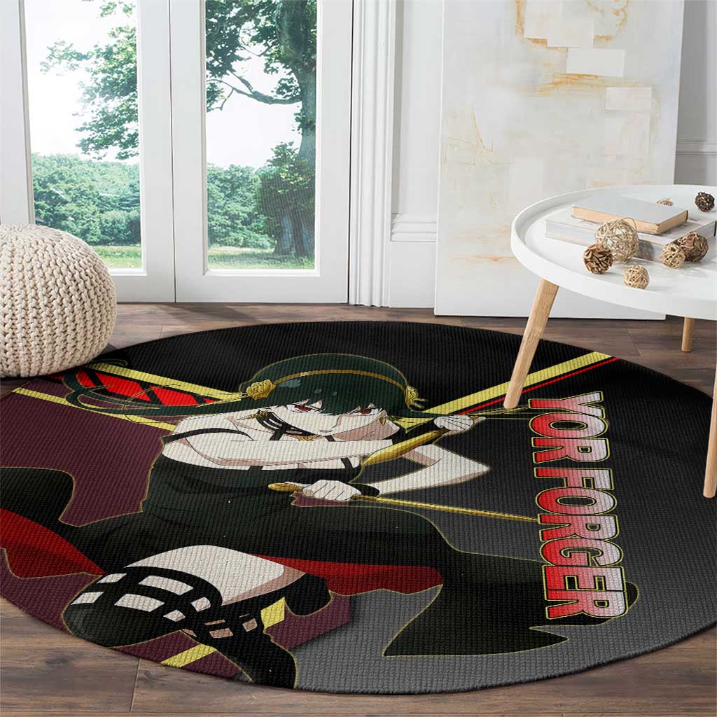 Yor Forger Spy x Family Red and Black Assassin Theme Round Carpet with Elegant Weapon Pose and Bold Color Accents - The Mazicc