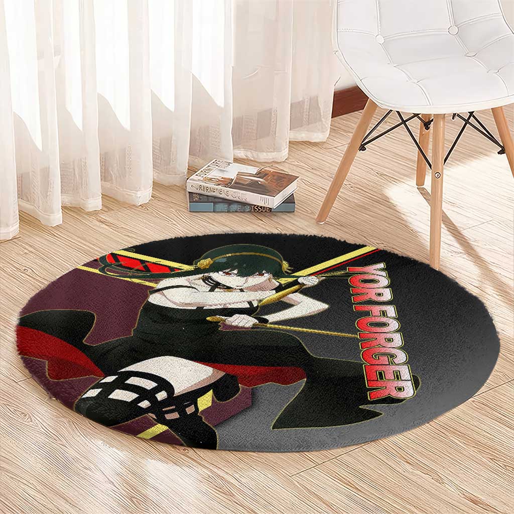 Yor Forger Spy x Family Red and Black Assassin Theme Round Carpet with Elegant Weapon Pose and Bold Color Accents - The Mazicc