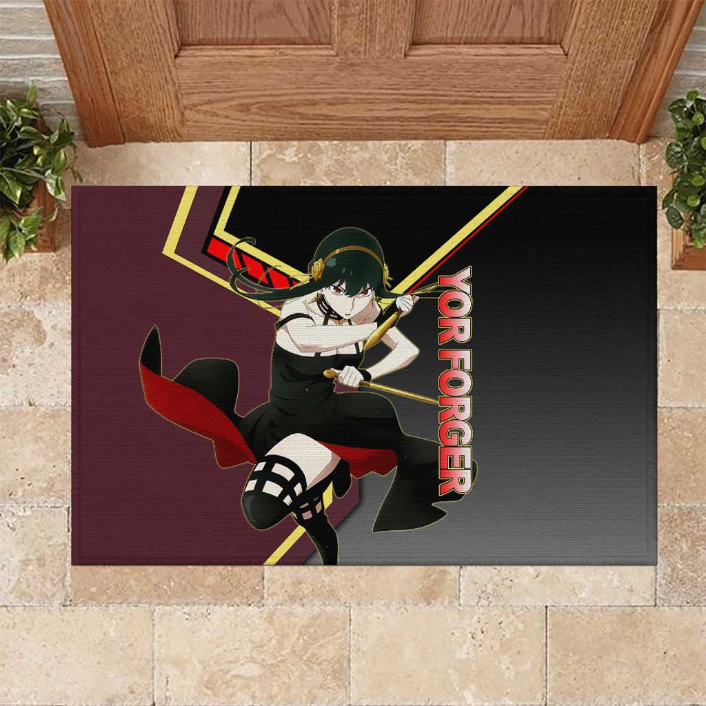 Yor Forger Spy x Family Red and Black Assassin Theme Rubber Doormat with Elegant Weapon Pose and Bold Color Accents - The Mazicc