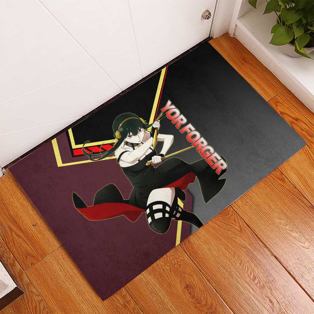 Yor Forger Spy x Family Red and Black Assassin Theme Rubber Doormat with Elegant Weapon Pose and Bold Color Accents - The Mazicc