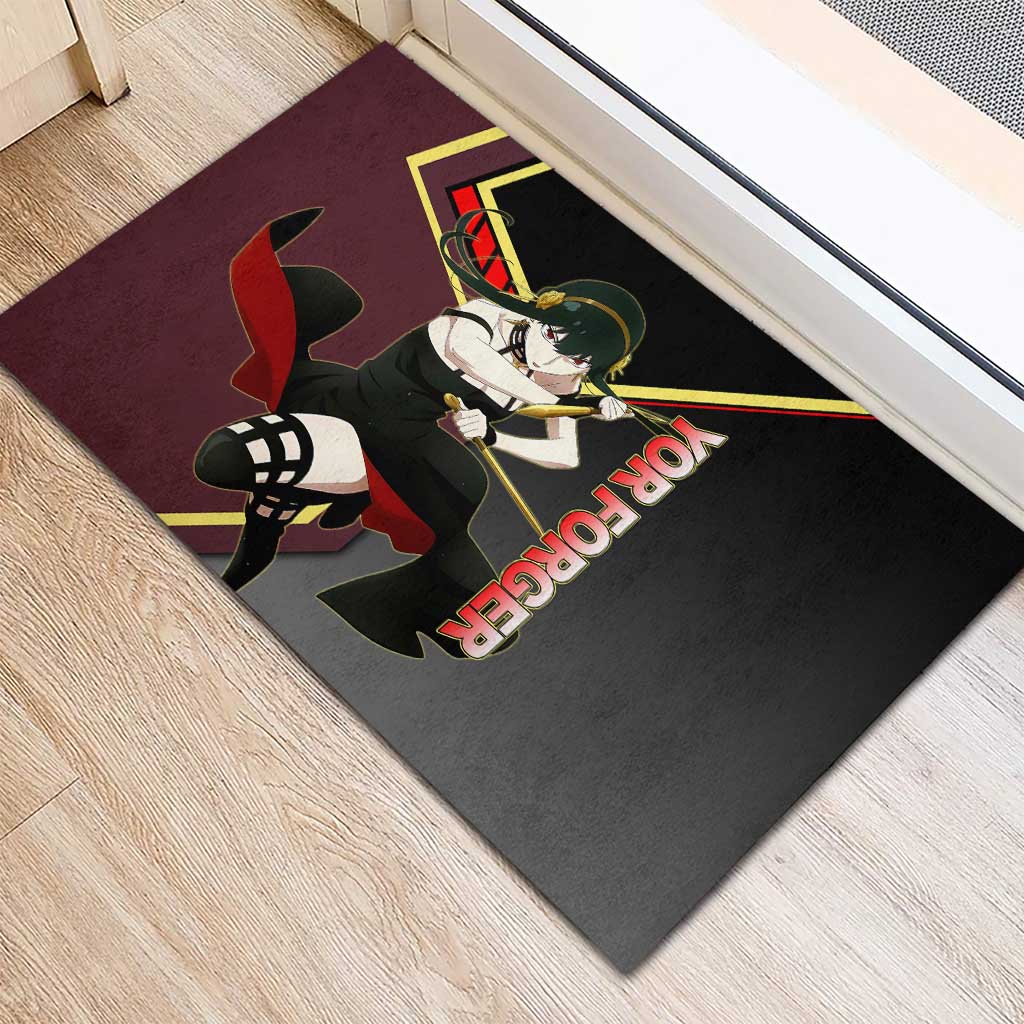 Yor Forger Spy x Family Red and Black Assassin Theme Rubber Doormat with Elegant Weapon Pose and Bold Color Accents - The Mazicc