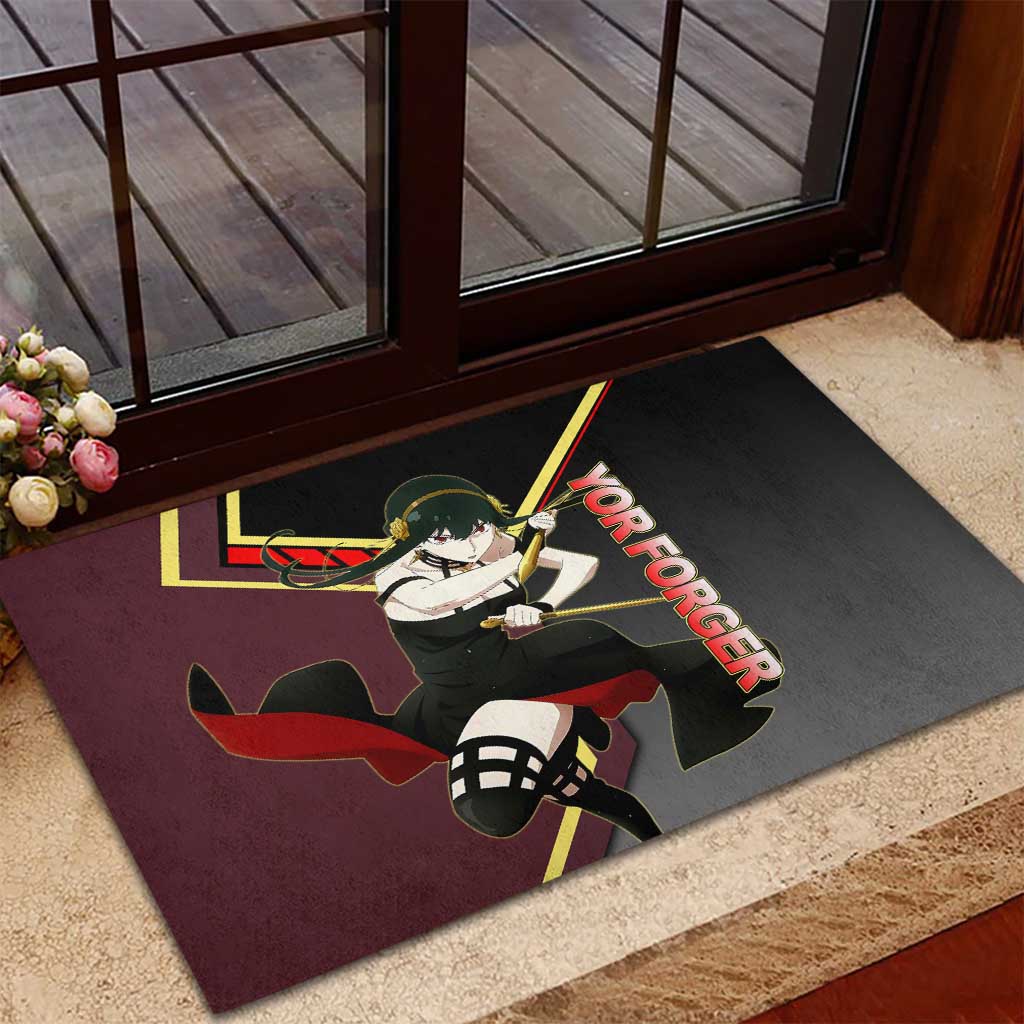 Yor Forger Spy x Family Red and Black Assassin Theme Rubber Doormat with Elegant Weapon Pose and Bold Color Accents - The Mazicc