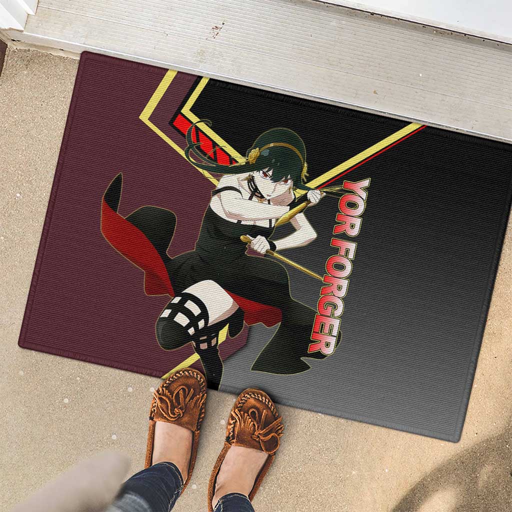 Yor Forger Spy x Family Red and Black Assassin Theme Rubber Doormat with Elegant Weapon Pose and Bold Color Accents - The Mazicc