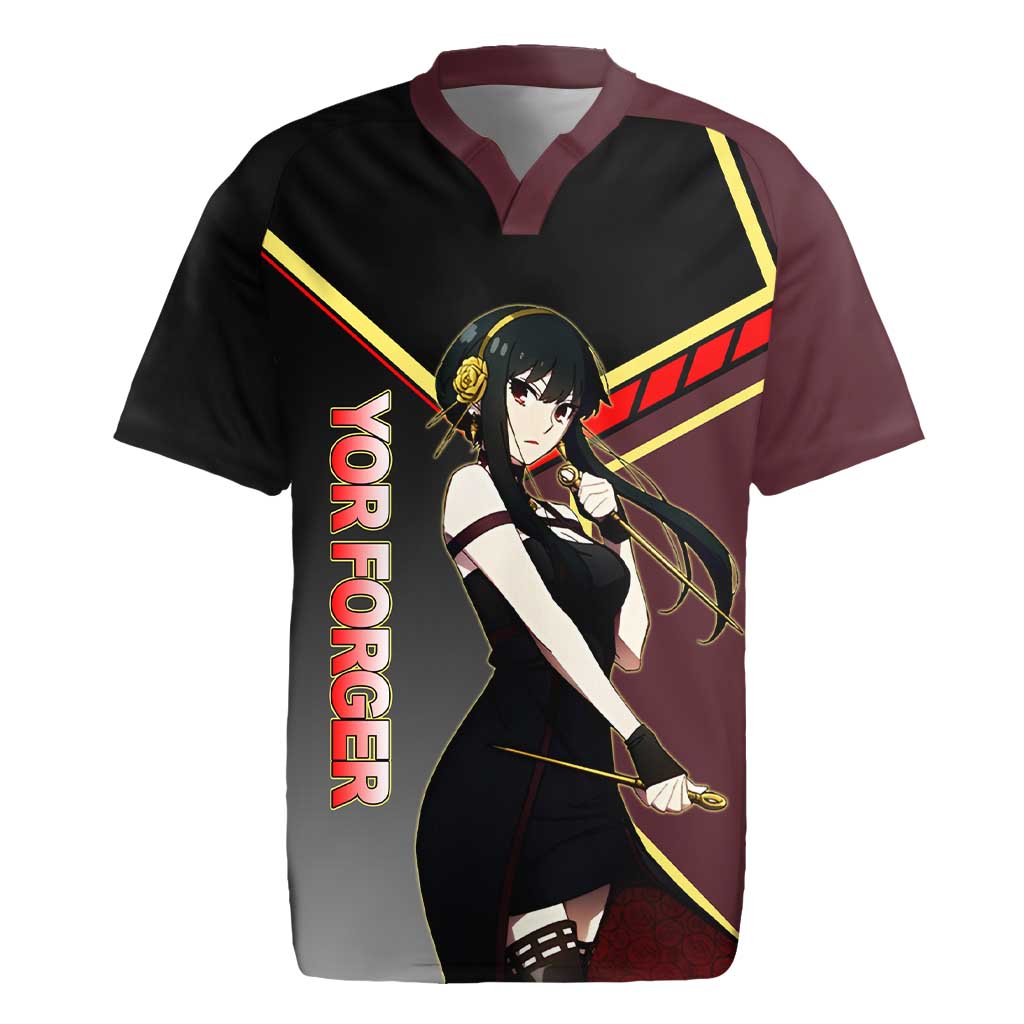 Yor Forger Spy x Family Red and Black Assassin Theme Rugby Jersey with Elegant Weapon Pose and Bold Color Accents - The Mazicc
