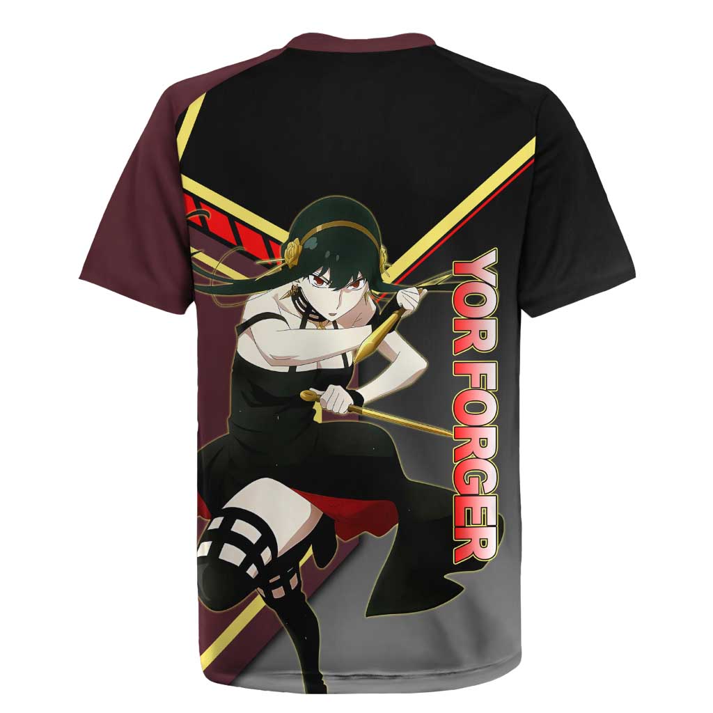 Yor Forger Spy x Family Red and Black Assassin Theme Rugby Jersey with Elegant Weapon Pose and Bold Color Accents - The Mazicc