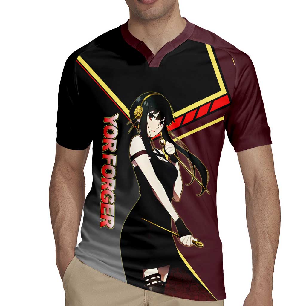 Yor Forger Spy x Family Red and Black Assassin Theme Rugby Jersey with Elegant Weapon Pose and Bold Color Accents - The Mazicc