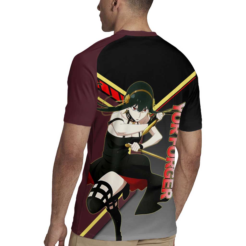 Yor Forger Spy x Family Red and Black Assassin Theme Rugby Jersey with Elegant Weapon Pose and Bold Color Accents - The Mazicc