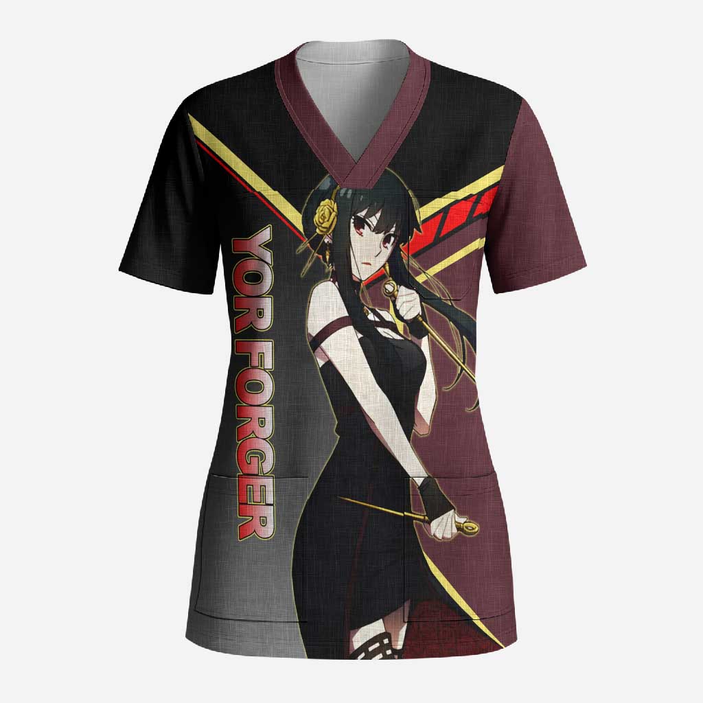 Yor Forger Spy x Family Red and Black Assassin Theme Scrub Top with Elegant Weapon Pose and Bold Color Accents - The Mazicc