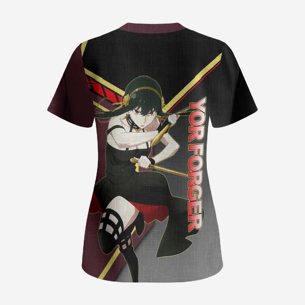Yor Forger Spy x Family Red and Black Assassin Theme Scrub Top with Elegant Weapon Pose and Bold Color Accents - The Mazicc