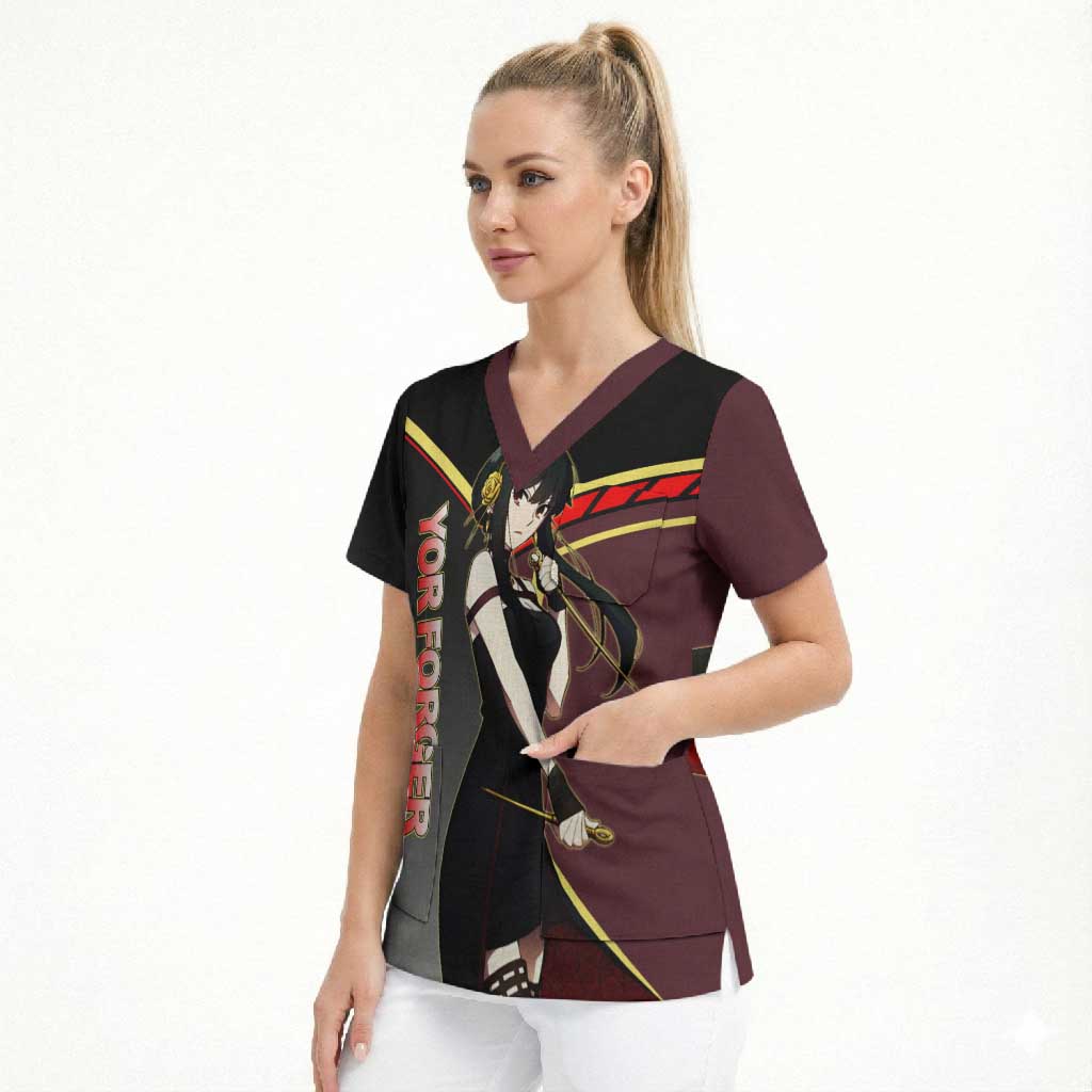 Yor Forger Spy x Family Red and Black Assassin Theme Scrub Top with Elegant Weapon Pose and Bold Color Accents - The Mazicc