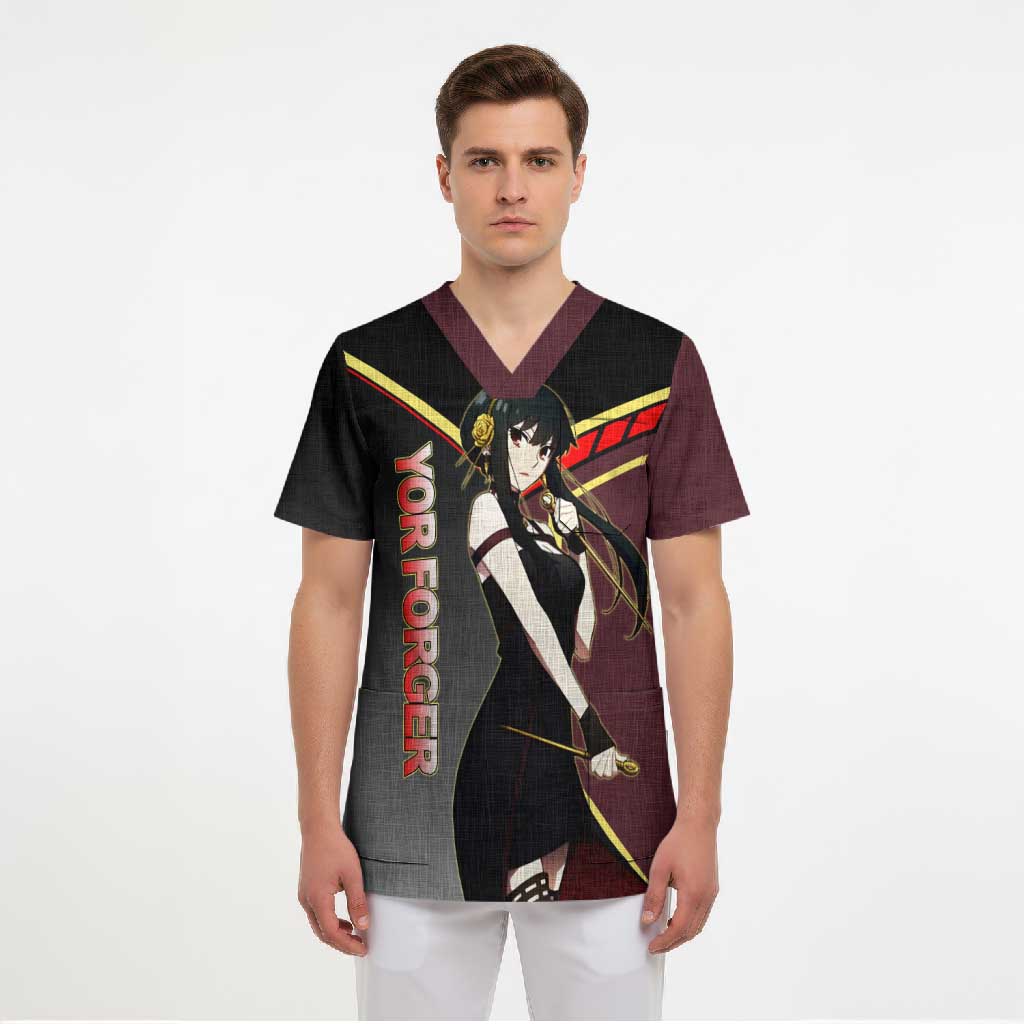 Yor Forger Spy x Family Red and Black Assassin Theme Scrub Top with Elegant Weapon Pose and Bold Color Accents - The Mazicc