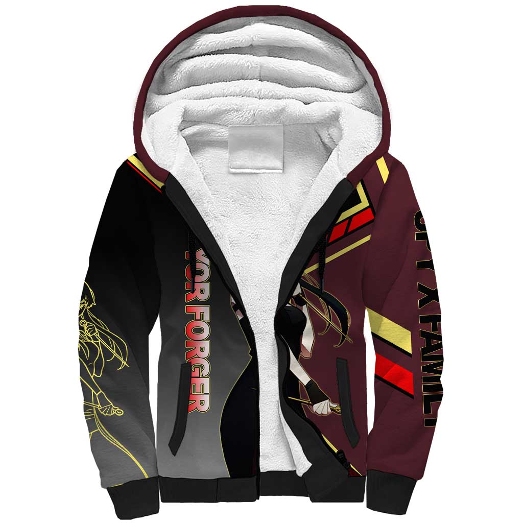 Yor Forger Spy x Family Red and Black Assassin Theme Sherpa Hoodie with Elegant Weapon Pose and Bold Color Accents - The Mazicc