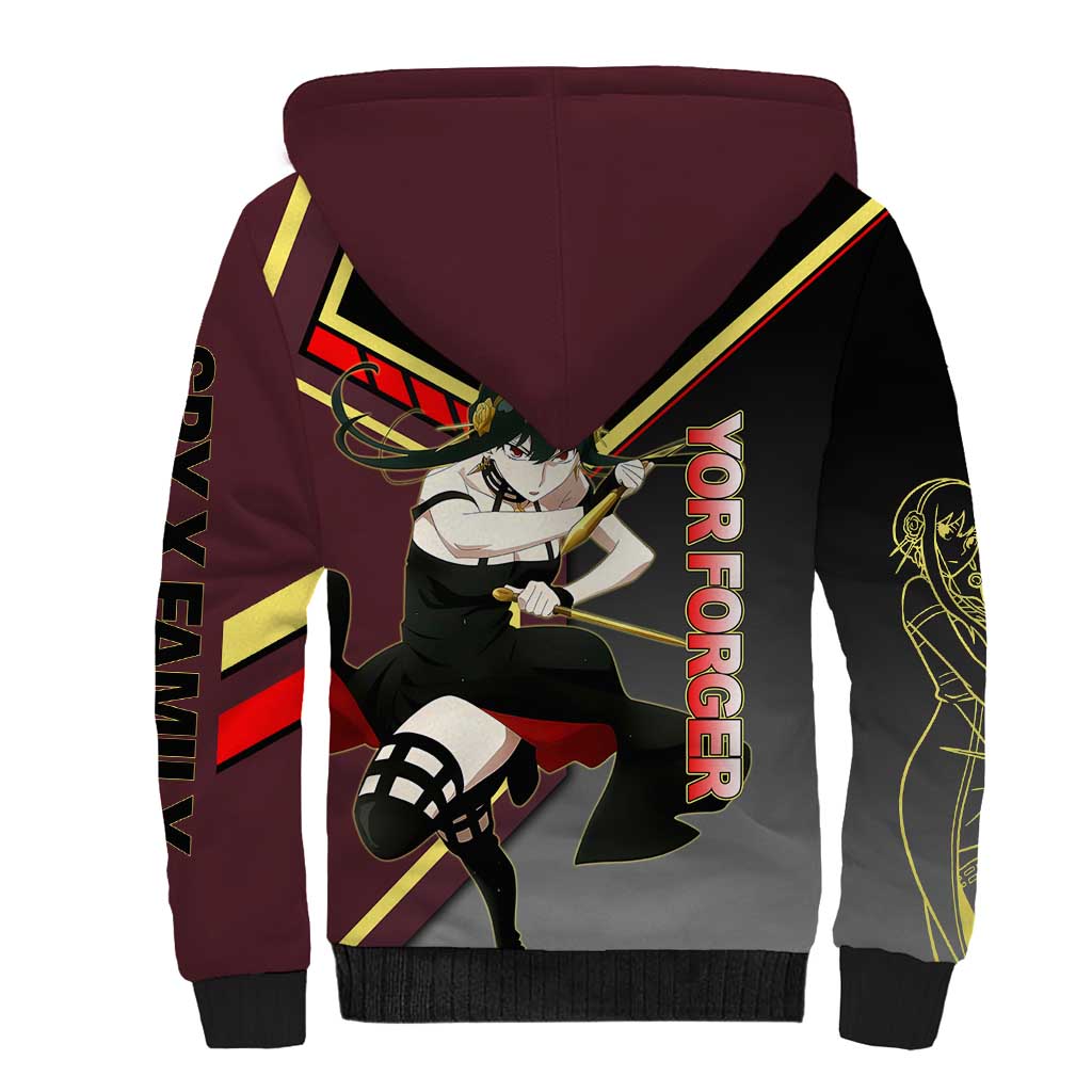 Yor Forger Spy x Family Red and Black Assassin Theme Sherpa Hoodie with Elegant Weapon Pose and Bold Color Accents - The Mazicc