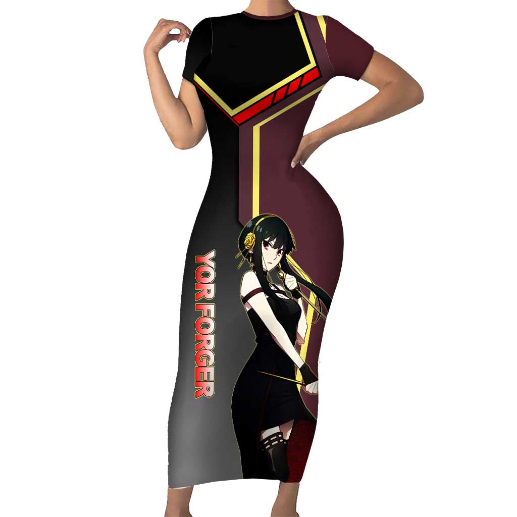 Yor Forger Spy x Family Red and Black Assassin Theme Short Sleeve Bodycon Dress with Elegant Weapon Pose and Bold Color Accents - The Mazicc