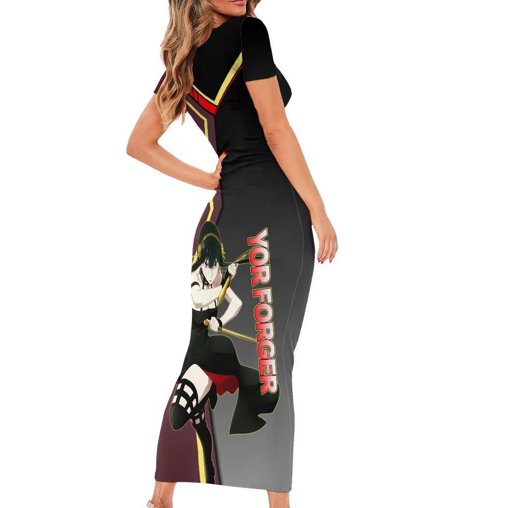 Yor Forger Spy x Family Red and Black Assassin Theme Short Sleeve Bodycon Dress with Elegant Weapon Pose and Bold Color Accents - The Mazicc