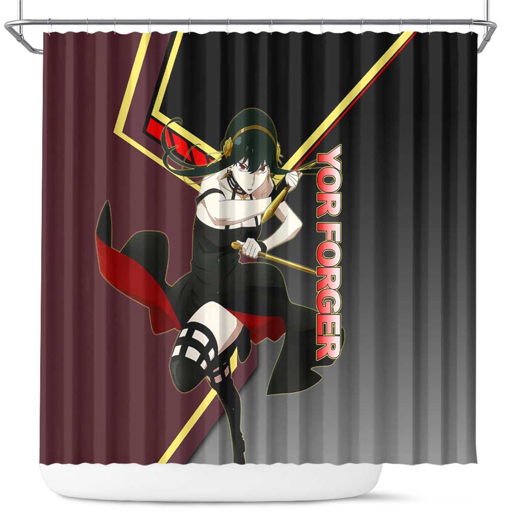 Yor Forger Spy x Family Red and Black Assassin Theme Shower Curtain with Elegant Weapon Pose and Bold Color Accents - The Mazicc