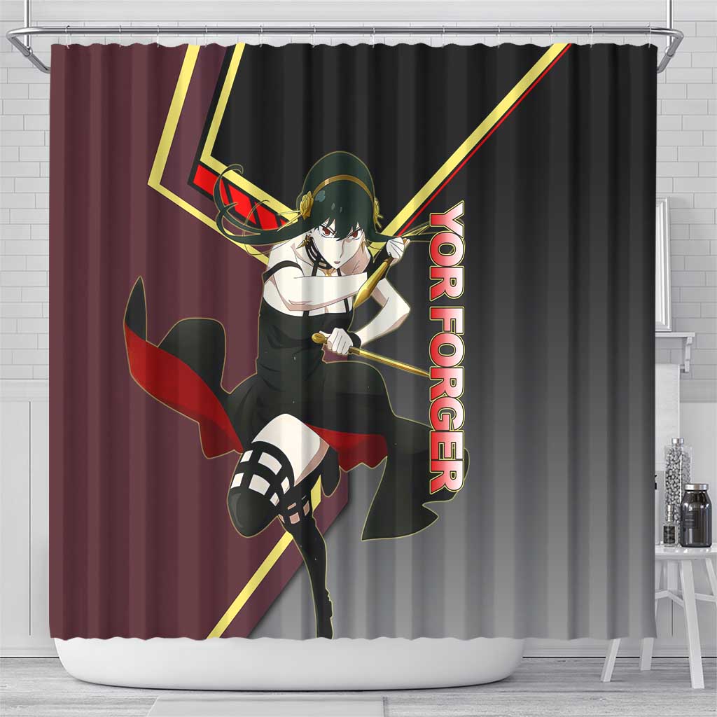 Yor Forger Spy x Family Red and Black Assassin Theme Shower Curtain with Elegant Weapon Pose and Bold Color Accents - The Mazicc