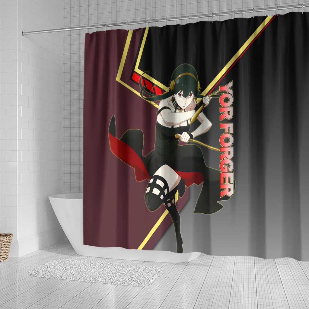 Yor Forger Spy x Family Red and Black Assassin Theme Shower Curtain with Elegant Weapon Pose and Bold Color Accents - The Mazicc