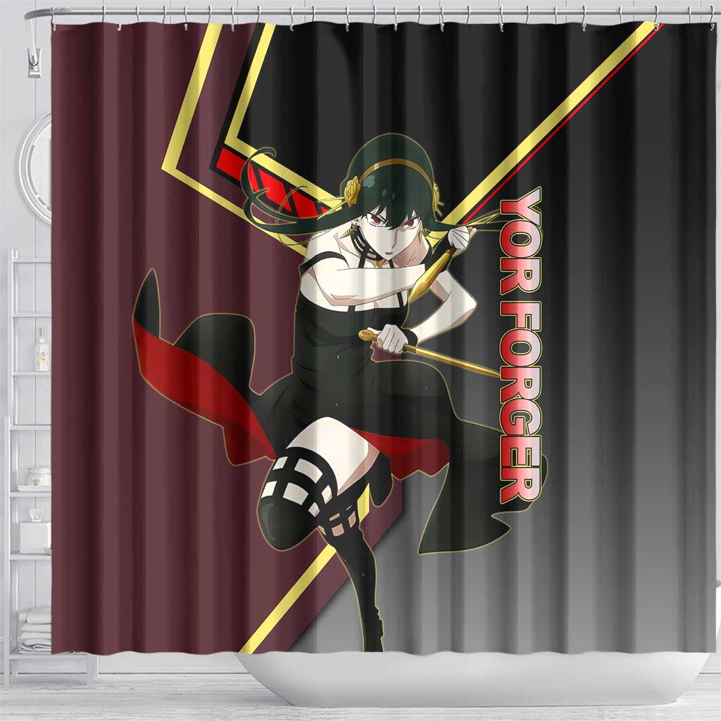 Yor Forger Spy x Family Red and Black Assassin Theme Shower Curtain with Elegant Weapon Pose and Bold Color Accents - The Mazicc