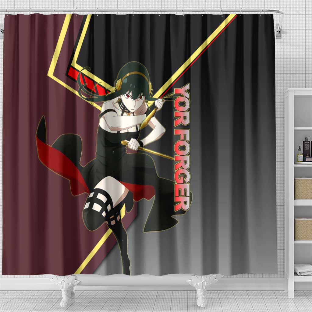 Yor Forger Spy x Family Red and Black Assassin Theme Shower Curtain with Elegant Weapon Pose and Bold Color Accents - The Mazicc