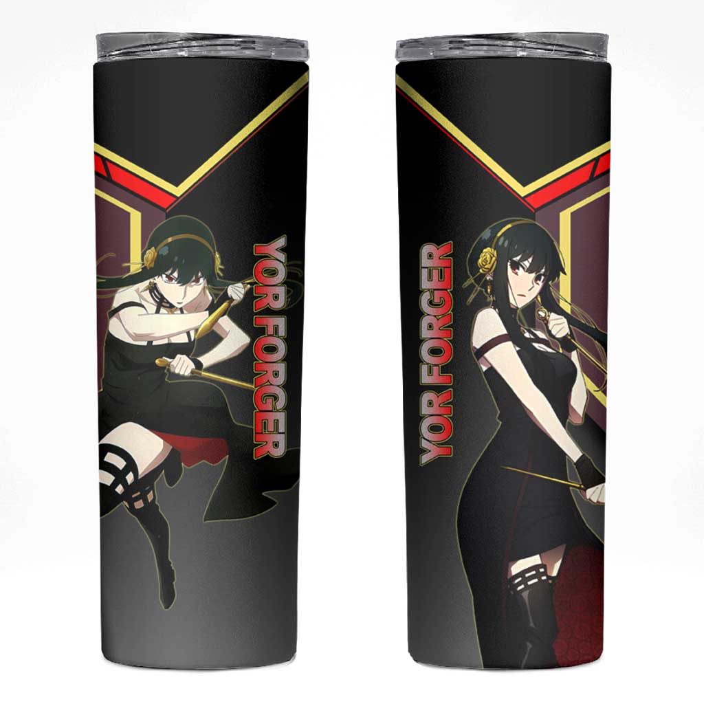 Yor Forger Spy x Family Red and Black Assassin Theme Skinny Tumbler with Elegant Weapon Pose and Bold Color Accents - The Mazicc